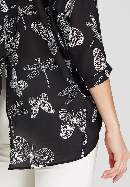 Revenge - Dragonfly & Butterfly Print Shirt Black and White