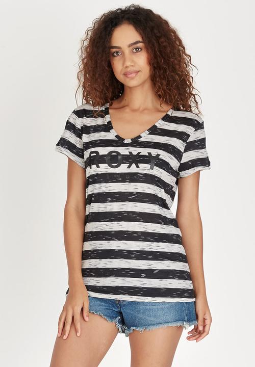 Roxy - Striped V-neck Tee Black and White