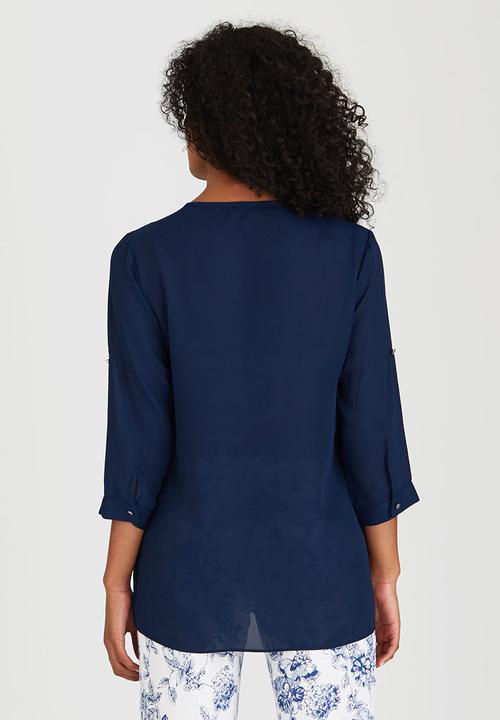 cath.nic - 3/4 Sleeve V-neck Woven Blouse Navy
