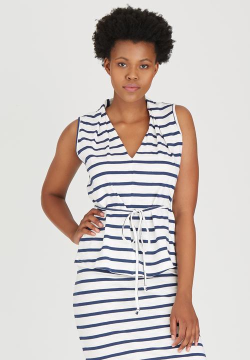 Jenja - Striped Slub Knit Top with Ties Blue and White