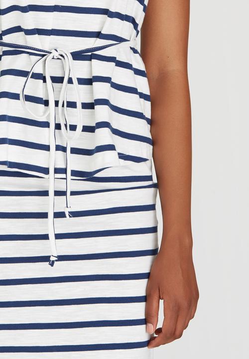 Jenja - Striped Slub Knit Top with Ties Blue and White