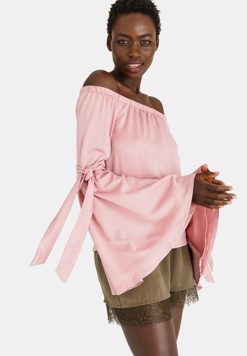 STYLE REPUBLIC - Bell Sleeve Bardot Blouse Pale Pink