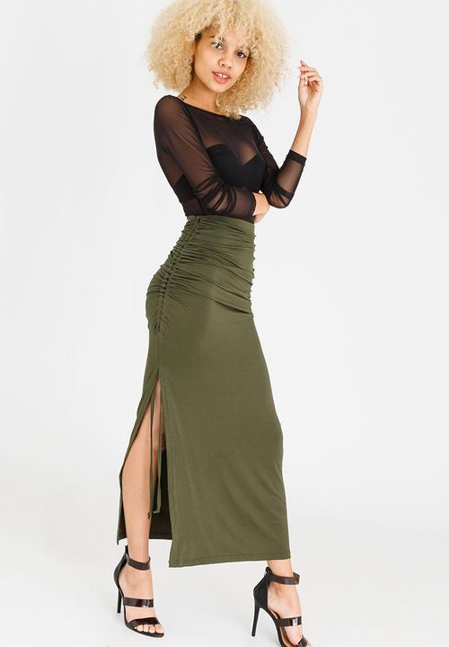 c(inch) - Ruched Maxi Skirt Dark Green