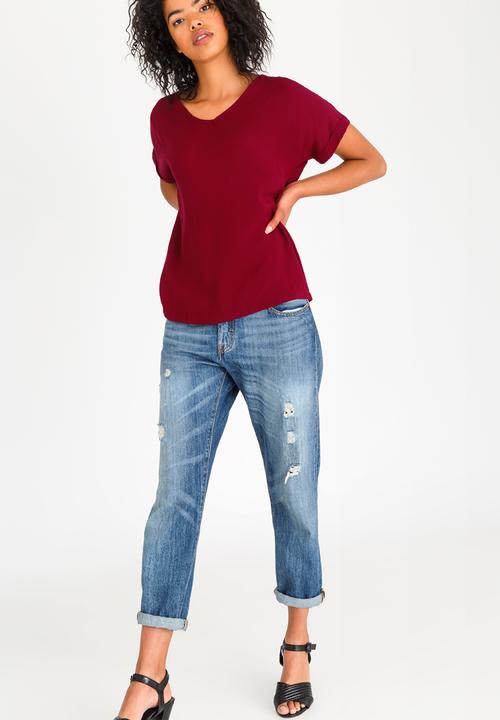edit - Turn-up Sleeve Blouse Dark Red