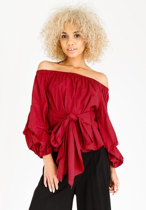 STYLE REPUBLIC - Ruched Sleeve Bardot Blouse Dark Red