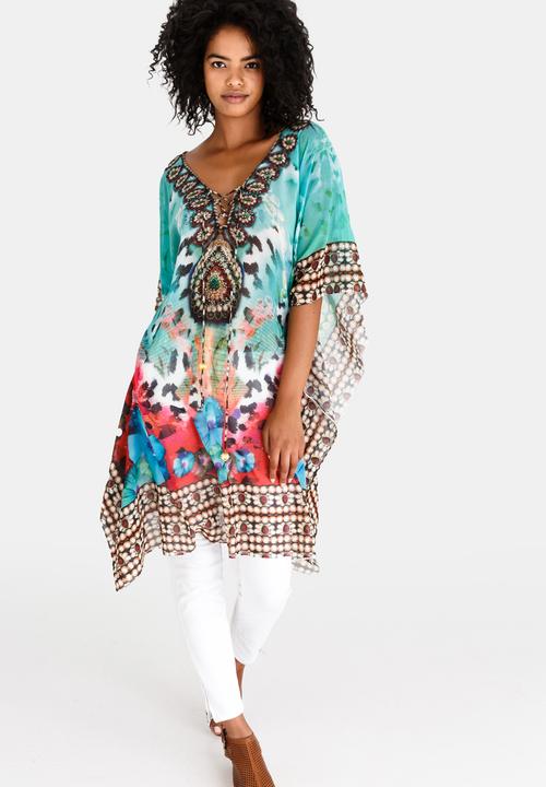 cath.nic - Printed Jewelled Kaftan Top Green
