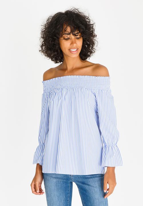 c(inch) - Striped Bardot Blouse Blue and White