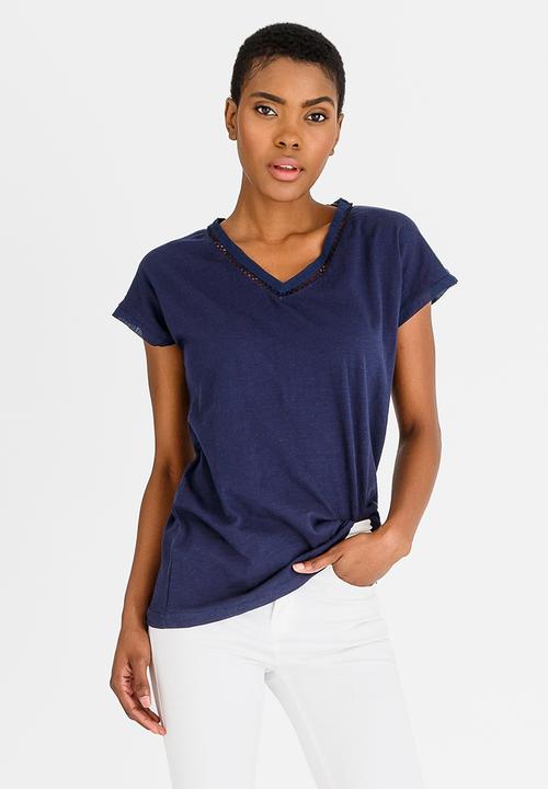 G Couture - Chiffon Crochet Neckline Top Navy