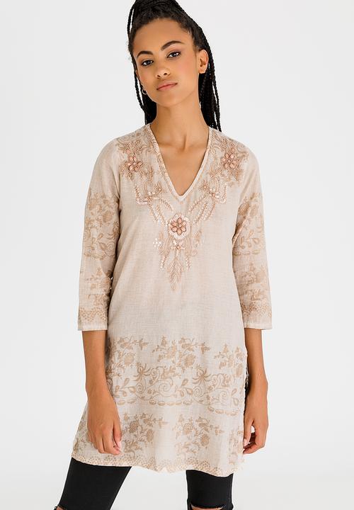 G Couture - Printed and Beaded V-neck Tunic Stone