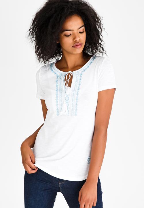 JEEP - Short Sleeve Slub Embroidered Top White