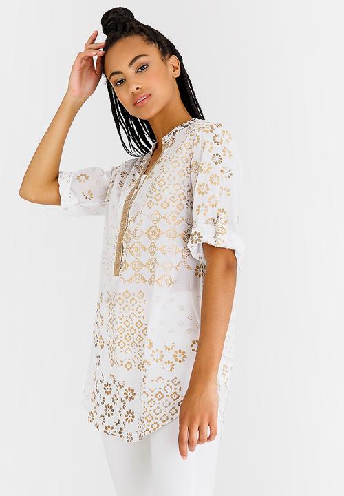 G Couture - Foil Printed Top with Beaded Neckline Gold
