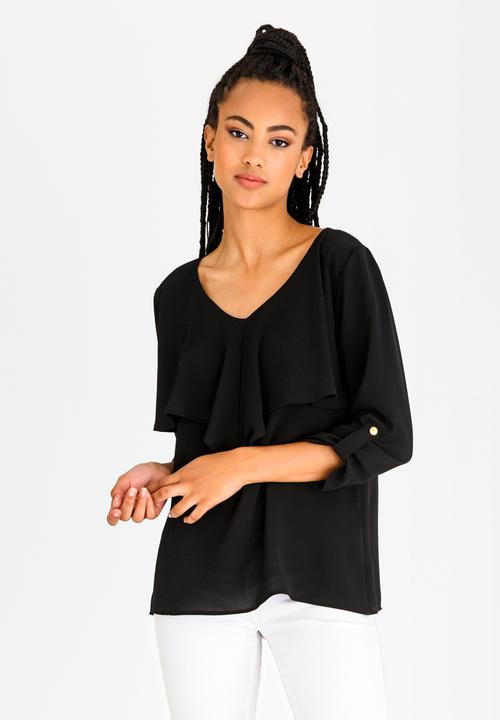 edit - 3/4 Sleeve Blouse with Frills Black