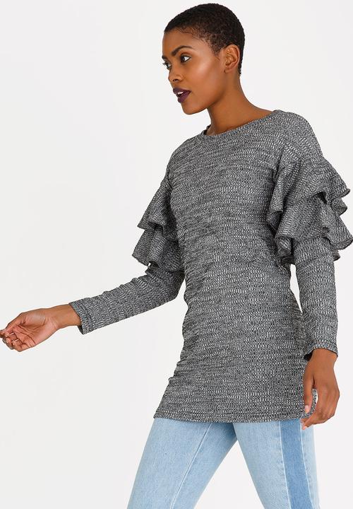 Revenge - Ruffle Sleeve Top Dark Grey