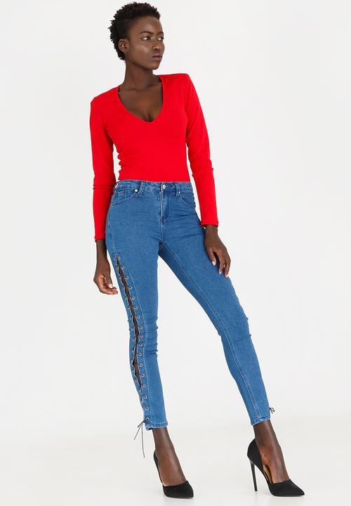 STYLE REPUBLIC - Side Lace-up Detail Skinny Jeans Mid Blue