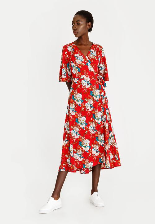 Red patterned wrap dress outlet