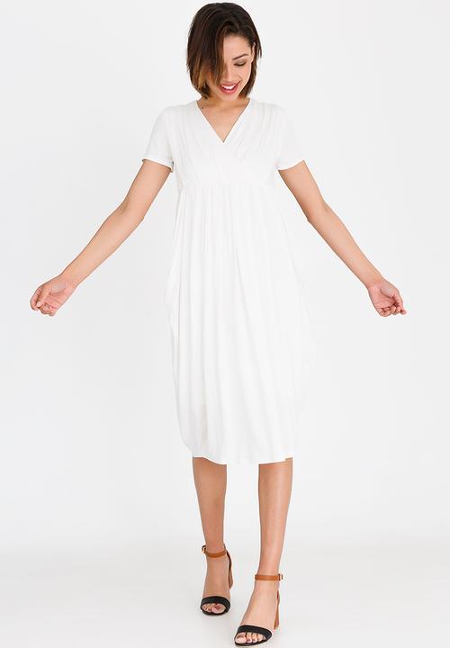 edit - Short Sleeve Dress with Pleats Off White