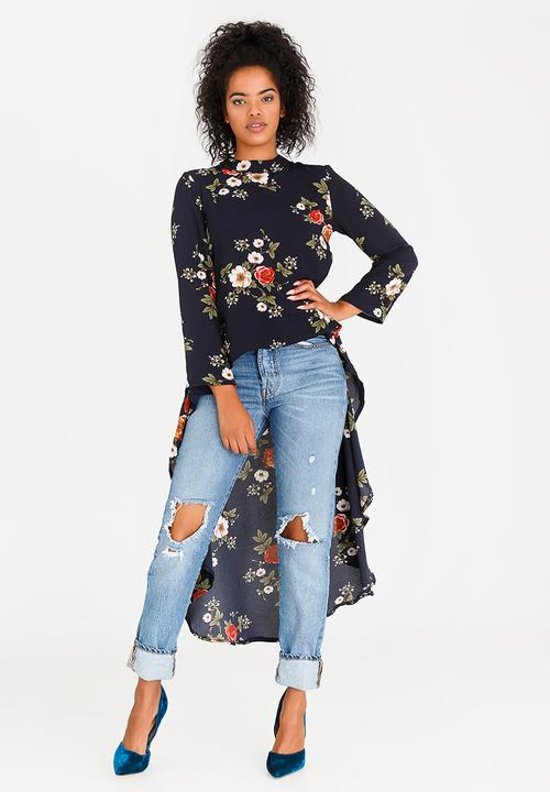 Revenge - Floral Print High-low Top Navy