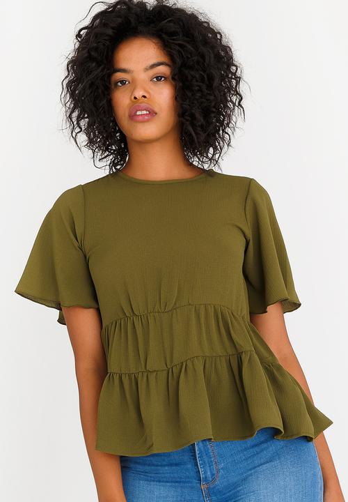 edit - Tiered Frilly Blouse Khaki Green