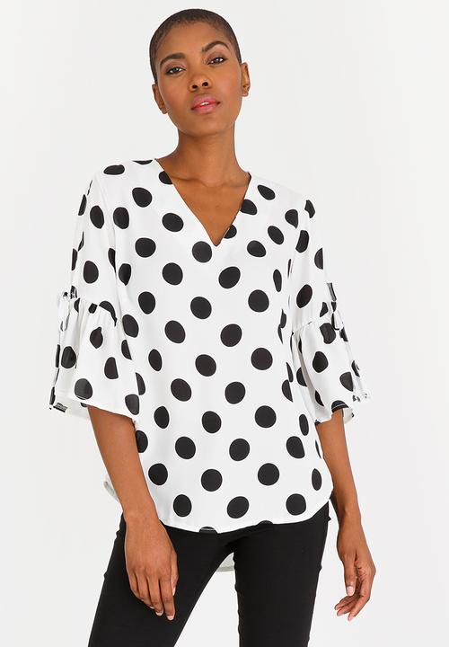 edit - Flutter Sleeve Blouse with Ties Black and White