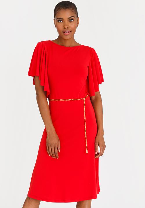 edit - Flutter Sleeve Dress with Belt Red
