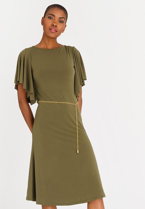 edit - Flutter Sleeve Dress with Belt Khaki Green