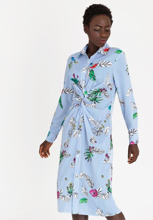 STYLE REPUBLIC - Striped Twist Front Shirt Dress Blue
