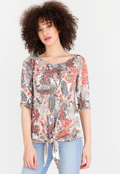 edit - 3/4 Sleeve Tie Front Top Multi-colour