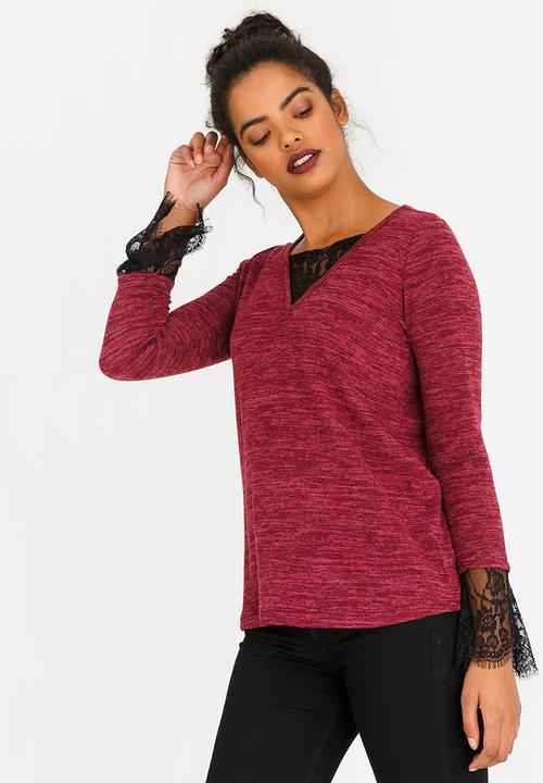 edit - Long Sleeve Top With Lace Inset Burgundy