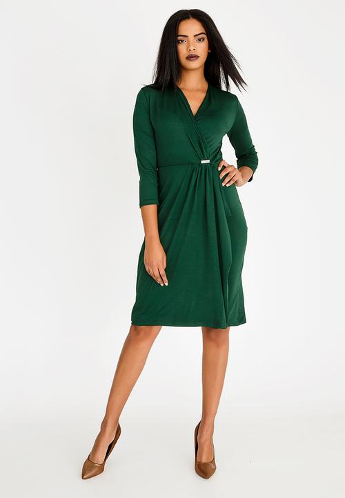 edit - Trim Detail Wrap Over Dress Dark Green