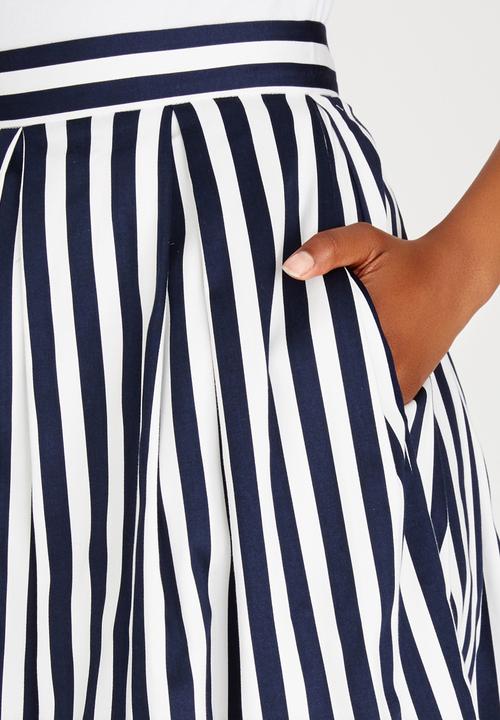 Closet London - Stripe Box Pleat Midi Skirt Navy