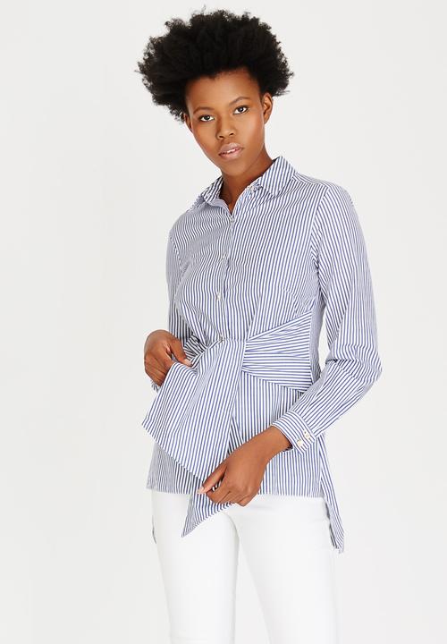 Closet London - Stripe Front Tie Detail Shirt Blue and White