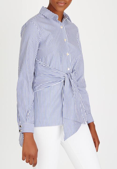 Closet London - Stripe Front Tie Detail Shirt Blue and White