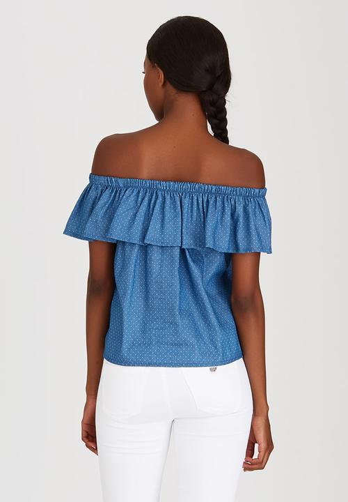 c(inch) - Frill Bardot Top Blue