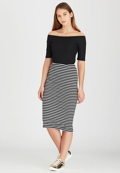 ONLY - Abbie Stripe Mid Calf Skirt Black and Grey