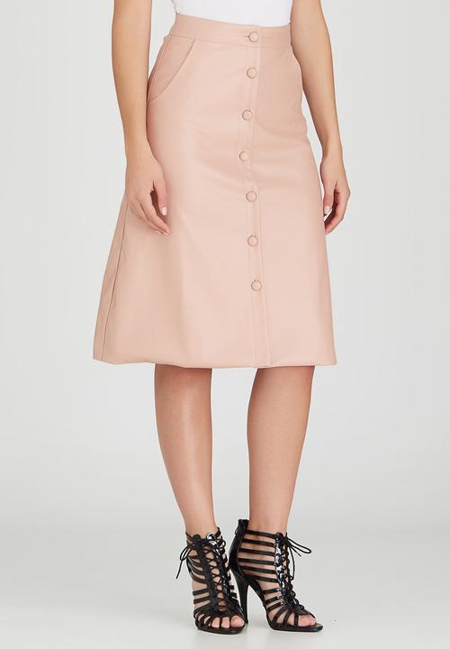 Fashion Union - Sarah Leather-look Button Front Midi Skirt Pale Pink