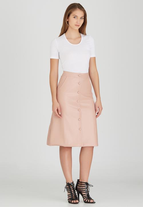 Fashion Union - Sarah Leather-look Button Front Midi Skirt Pale Pink