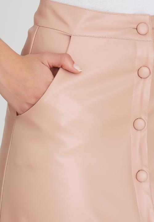 Fashion Union - Sarah Leather-look Button Front Midi Skirt Pale Pink