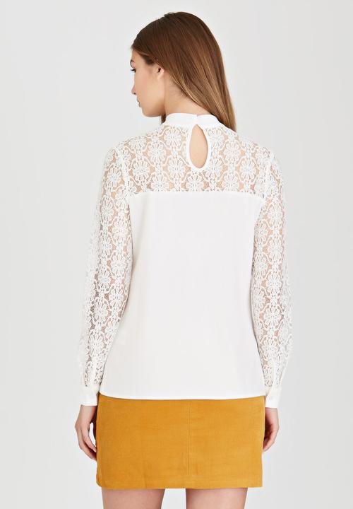 Fashion Union - Marie Lace Sleeve Blouse White