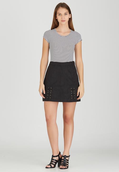 Brave Soul - Side Tie Detail Suede-like Skirt Black