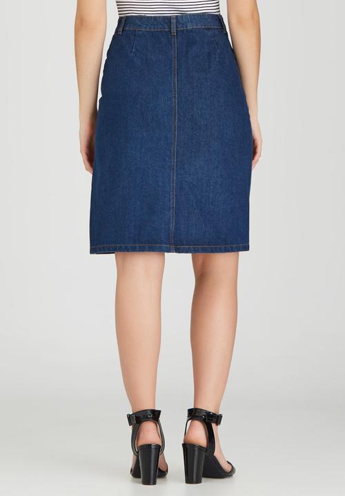 Brave Soul - Knee Length Button Through Denim Skirt Dark Blue