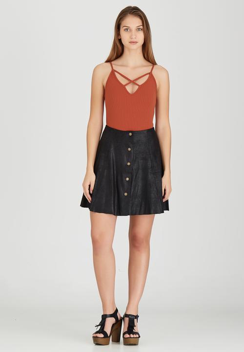 Brave Soul - Antique Suede-like Button Skirt Black