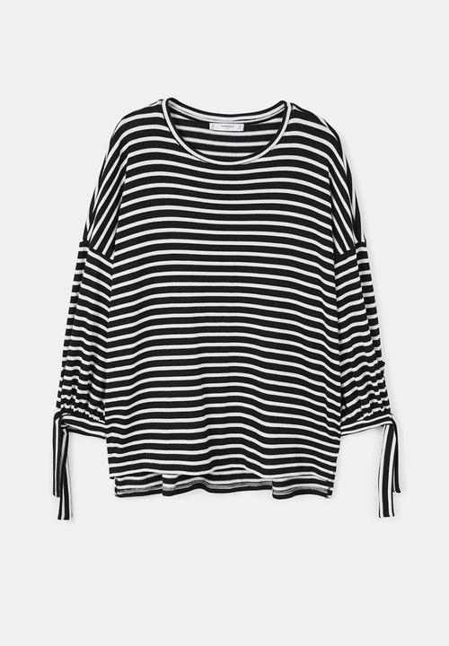 MANGO - Striped Lace-Up Top - Black & White