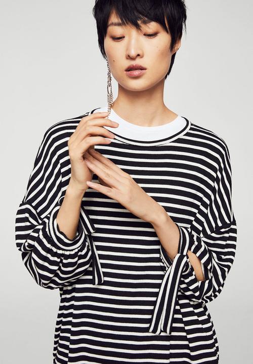 MANGO - Striped Lace-Up Top - Black & White