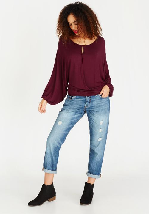 Brave Soul - Long Sleeve Drape Cross Over Top Dark Red