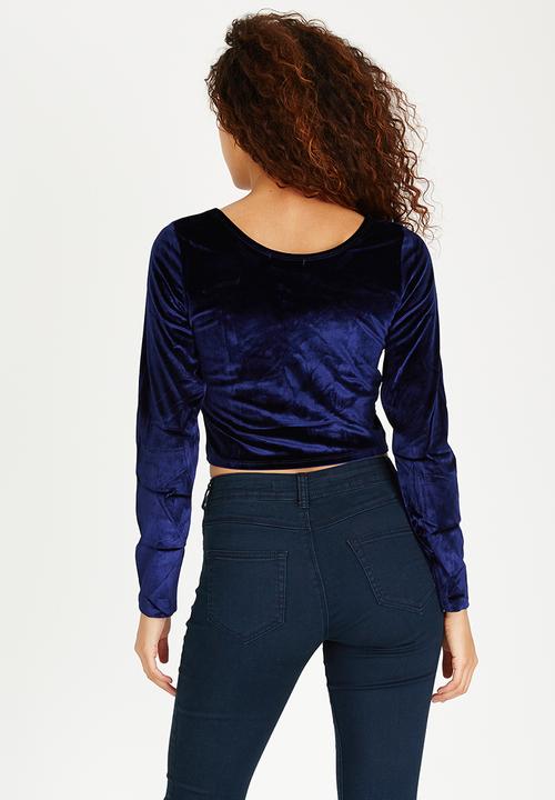 Brave Soul - Long Sleeve Crop Velveteen Top Navy