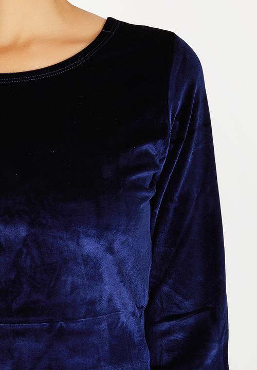 Brave Soul - Long Sleeve Crop Velveteen Top Navy