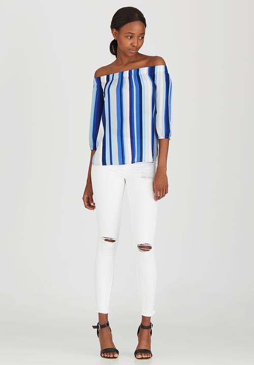 Sassoon - Sunday Blues Striped Off-the-shoulder Top Mid Blue