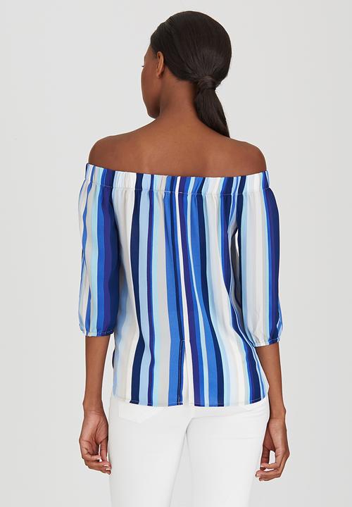 Sassoon - Sunday Blues Striped Off-the-shoulder Top Mid Blue