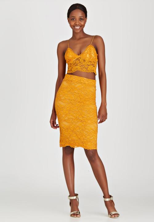Fashion Union - Ramsey Lace Pencil Skirt Gold