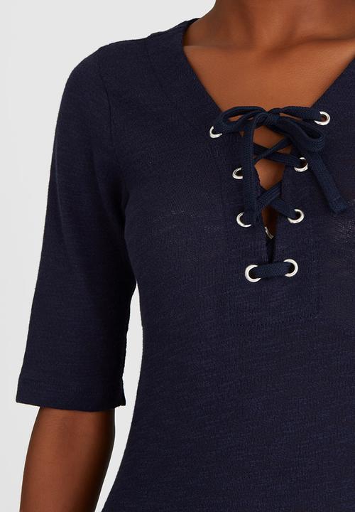 ONLY - Freja Lace Up Top Navy